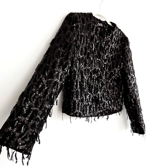 Zara Black Button Up Sequin Fringe Jacket Size Medium - Picture 6 of 8